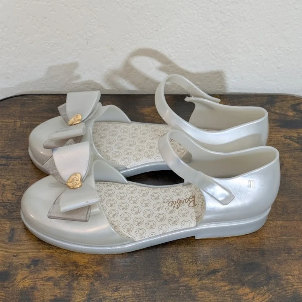 Mini Melissa Barbie Jelly Sandals Metallic White Bow Heart Vegan Big Kid Flats 4